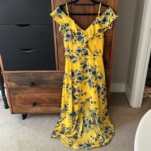 Yellow BCX dress with blue flowers, size large, only worn once!